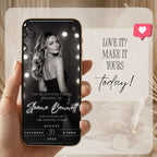 RIP to Her Twenties 30th birthday website invitation displayed on a mobile phone with black and white photography and elegant party details.