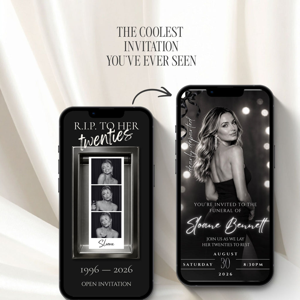 Interactive RIP to Her Twenties birthday website opening featuring a black and white photo tribute and personalised 30th birthday invitation.