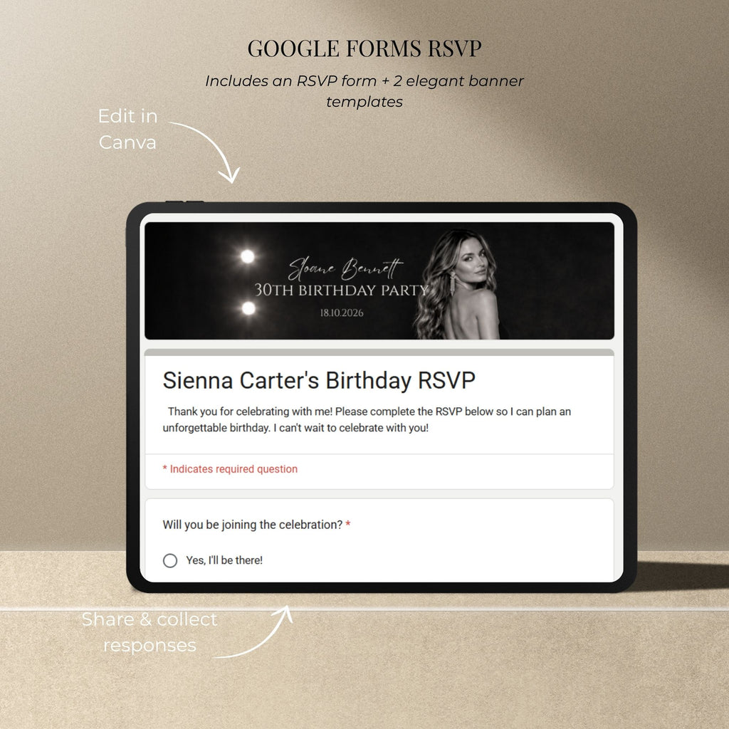 Death to My 20s birthday RSVP website with Google Forms integration for collecting guest responses and managing 30th birthday attendance.