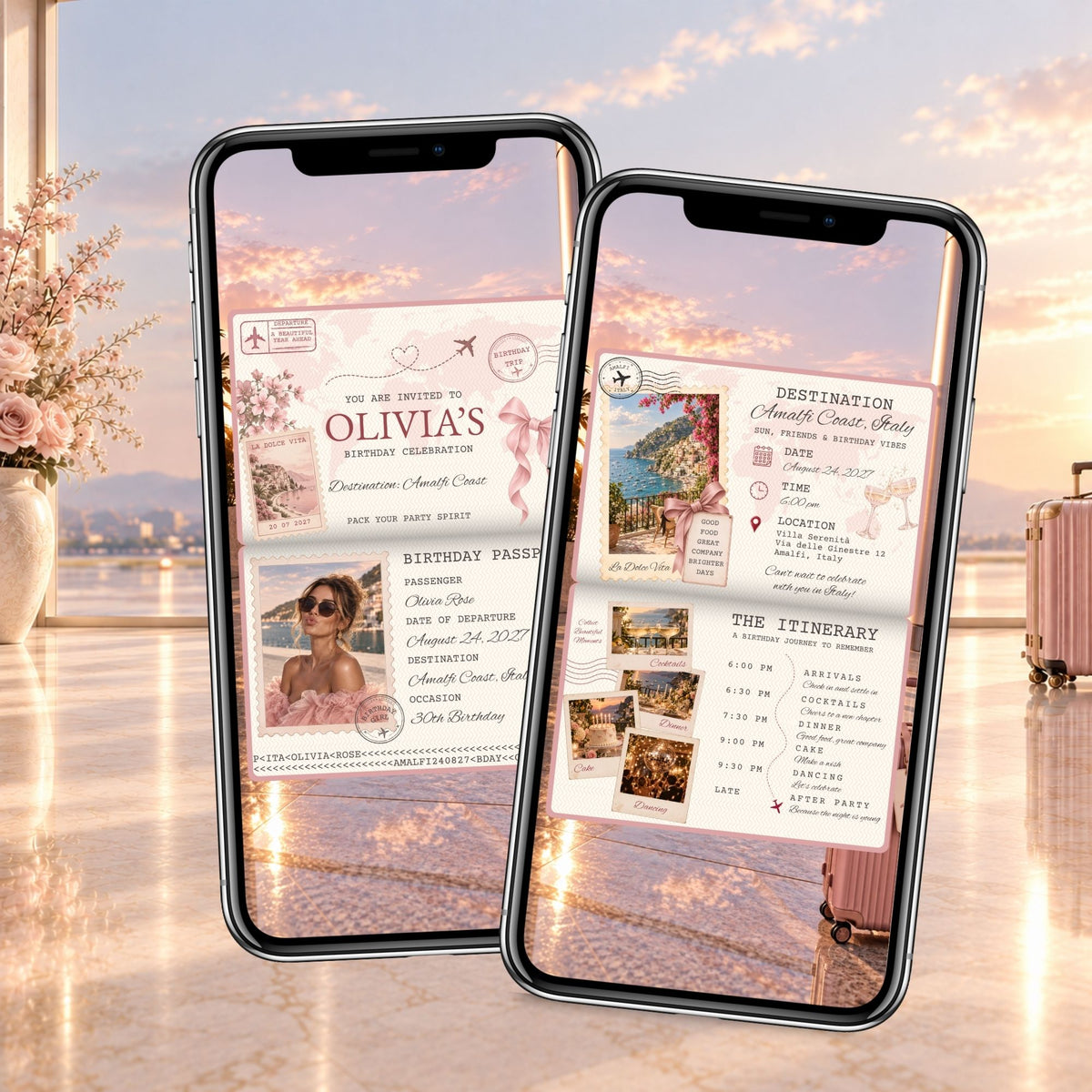 Destination birthday passport invitation displayed on two phones with personalised birthday details, travel design and party itinerary.