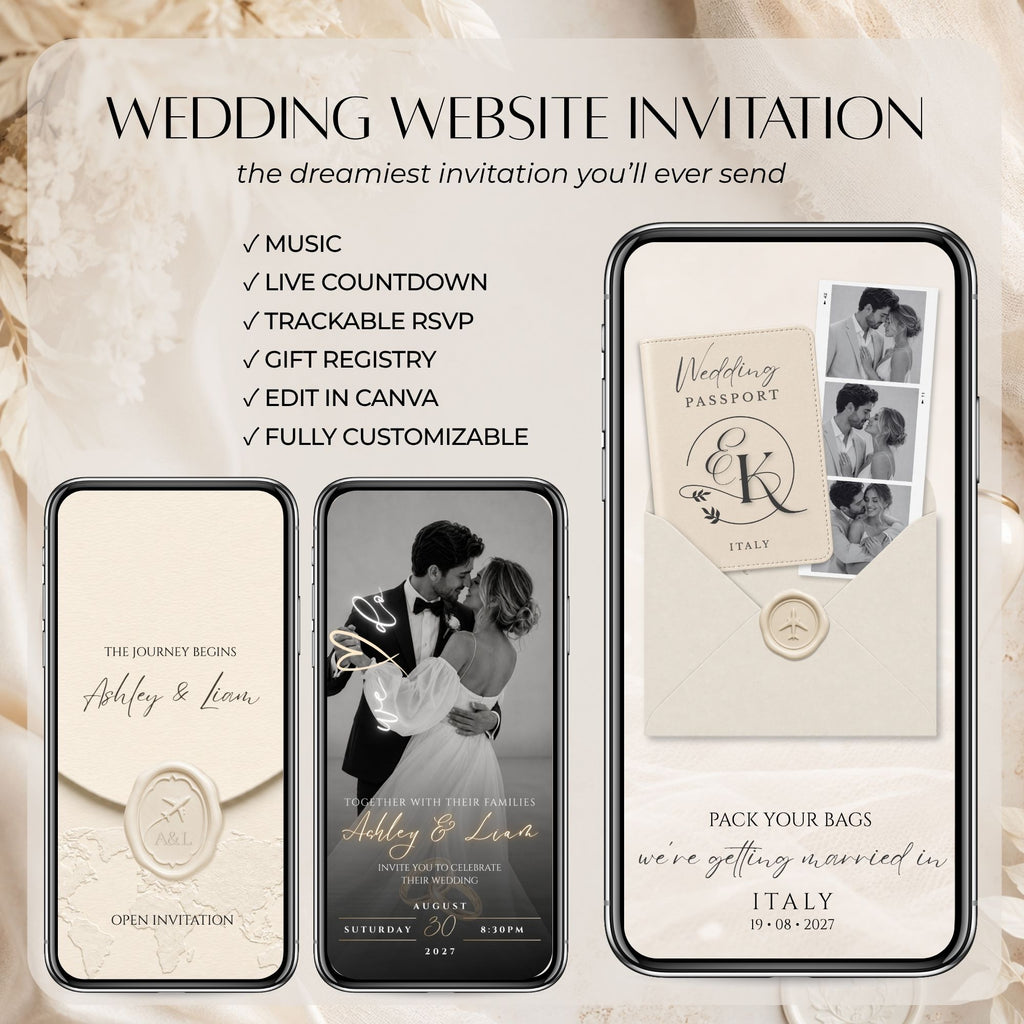 Destination passport wedding website invitation with music, live countdown, trackable RSVP, gift registry and editable Canva design.