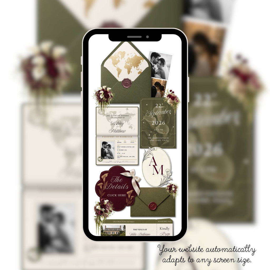 Destination wedding website love story page with romantic photo layout and travel theme