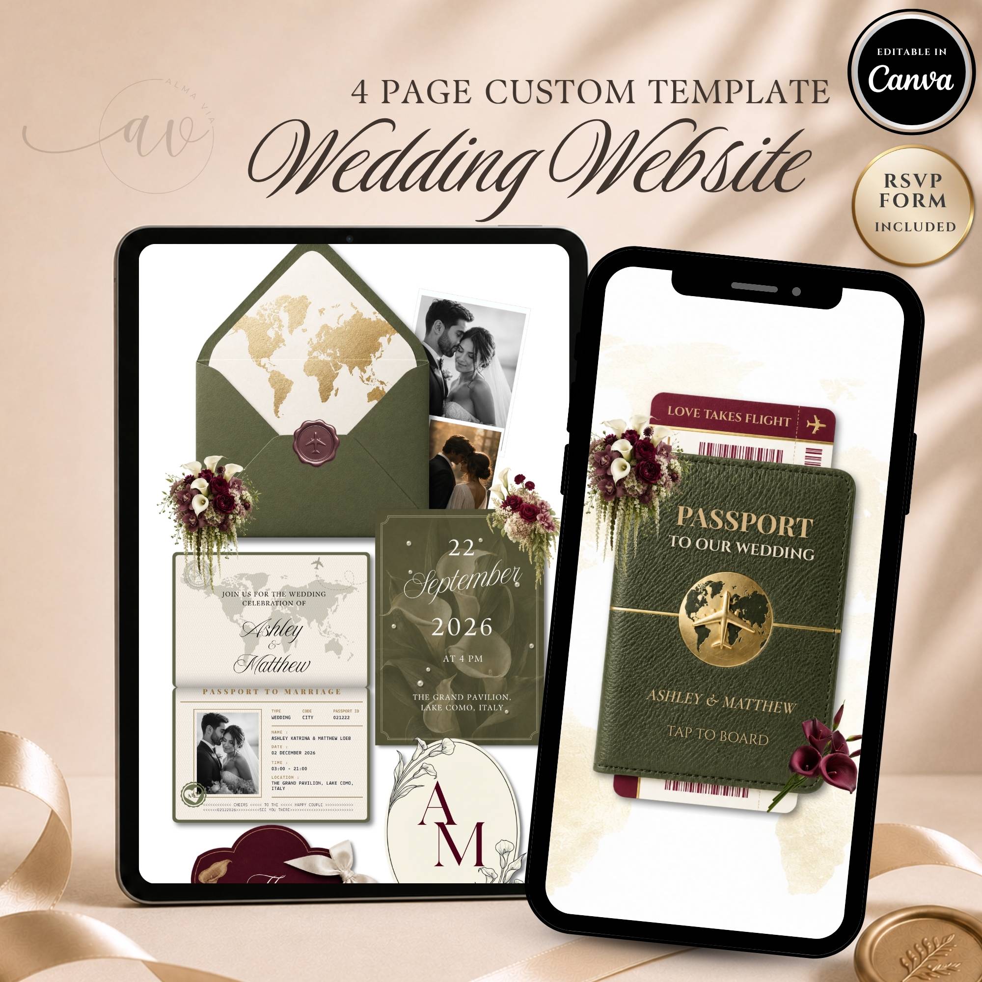 Destination wedding passport website template with RSVP form and elegant travel themed design