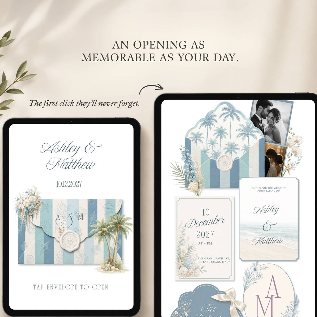 Destination wedding website homepage with beach theme and ocean inspired details