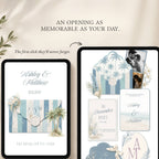 Destination wedding website homepage with beach theme and ocean inspired details