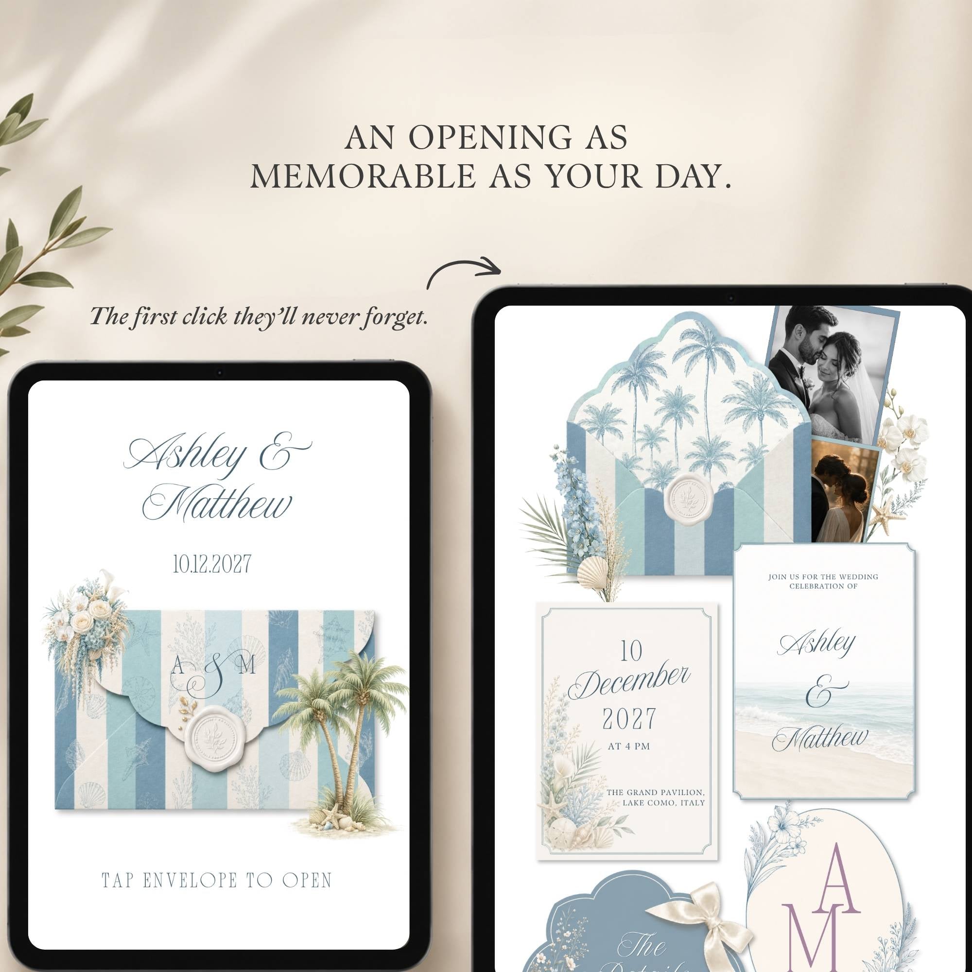 Destination wedding website homepage with beach theme and ocean inspired details