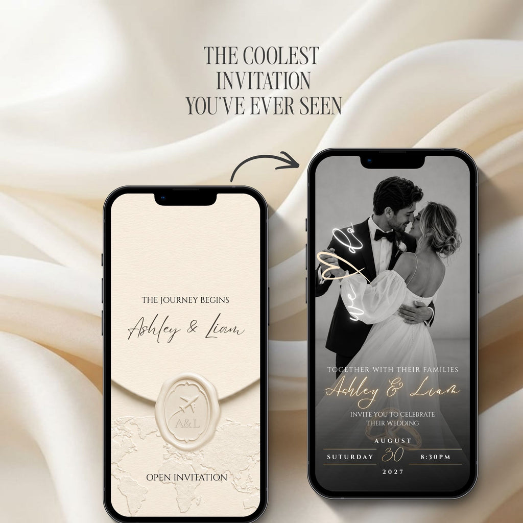 Destination wedding website invitation displayed on phones with an elegant passport theme and mobile-friendly interactive design.