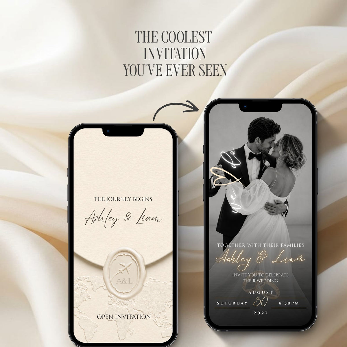 Destination wedding website invitation displayed on phones with an elegant passport theme and mobile-friendly interactive design.