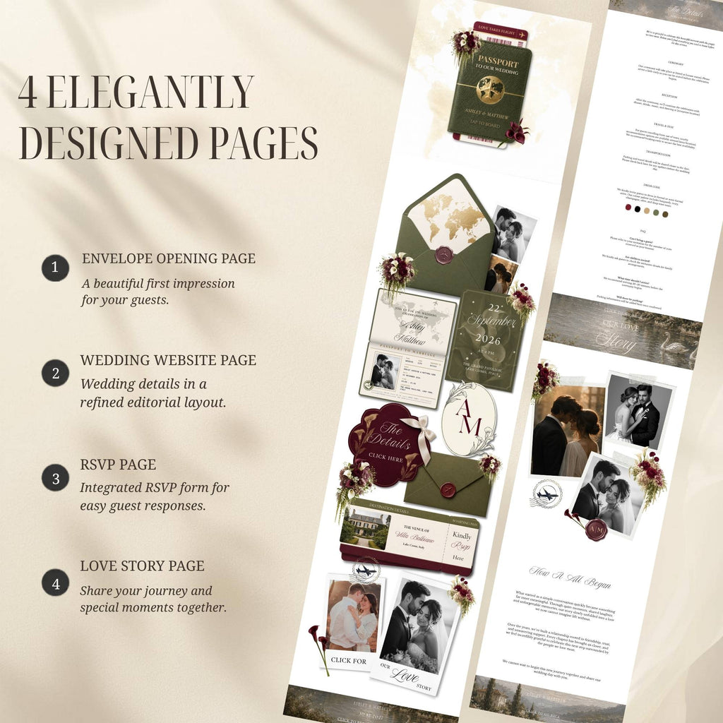 Editable destination wedding website RSVP page template for Canva