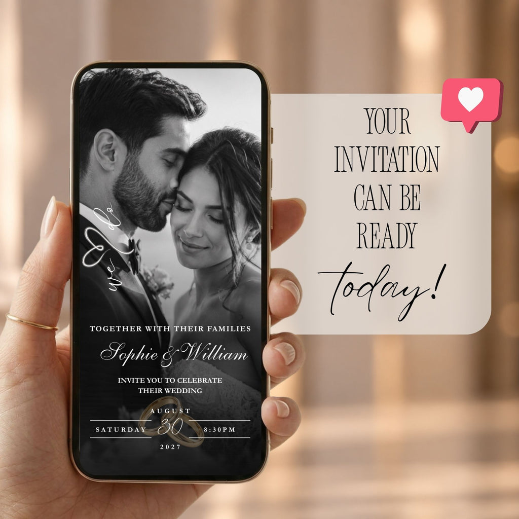 Digital black and gold wedding invitation displayed on a phone with monochrome couple photograph and elegant wedding details.