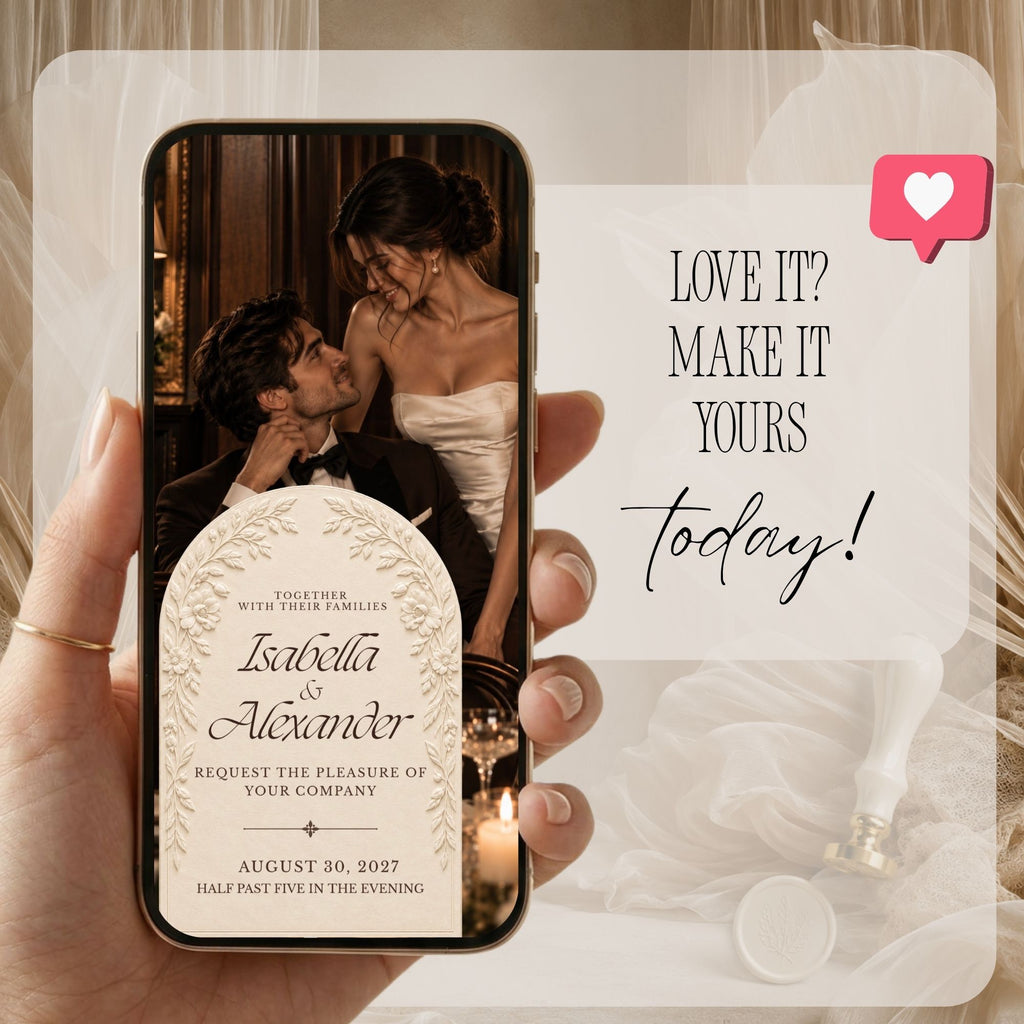 Digital brown wedding invitation displayed on a phone with romantic couple photography and elegant wedding information.