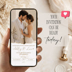 Digital ivory wedding invitation displayed on a phone with elegant couple photography and refined gold wedding details.