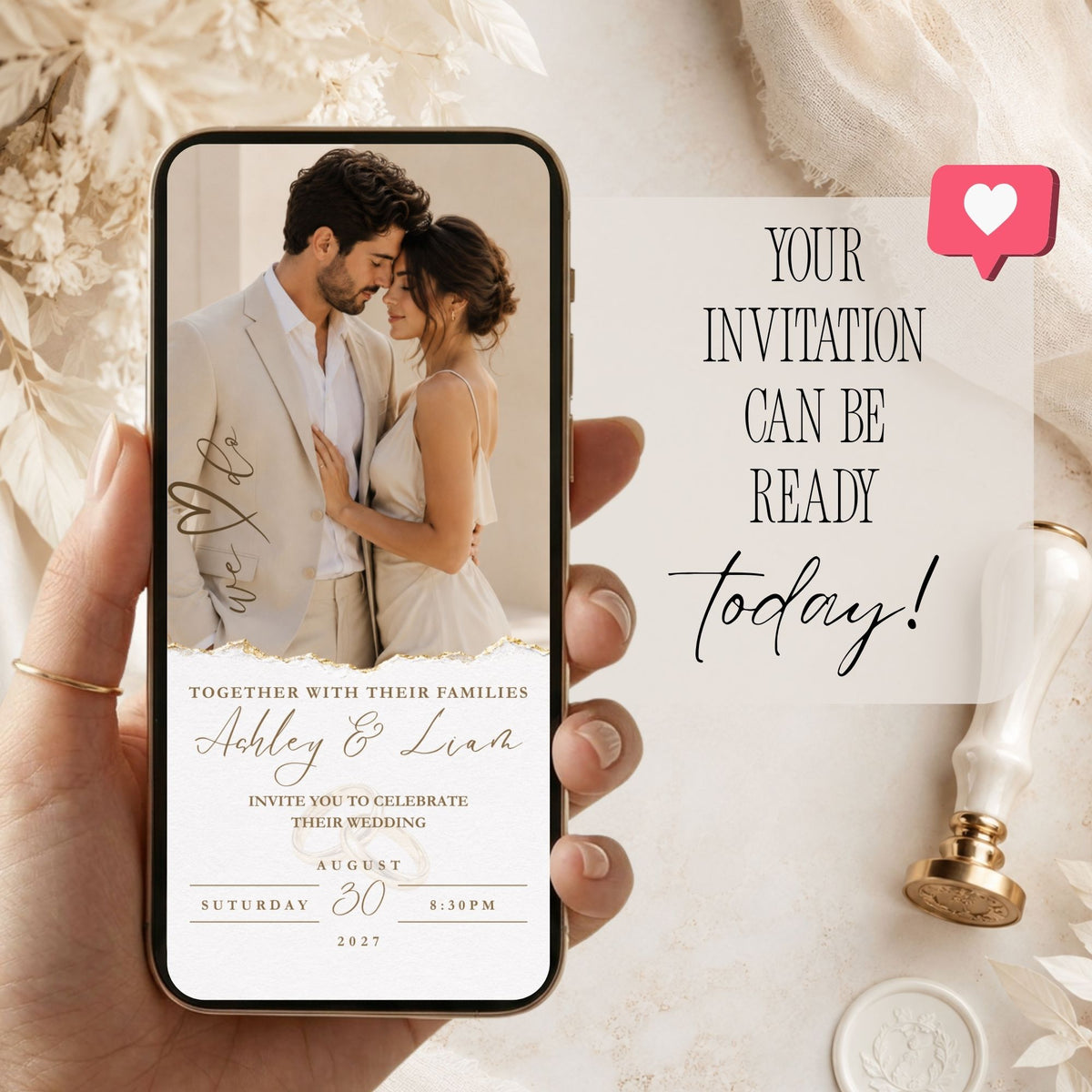 Digital ivory wedding invitation displayed on a phone with elegant couple photography and refined gold wedding details.