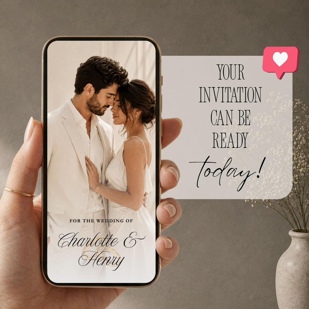 Digital ivory wedding save the date displayed on a mobile phone with romantic couple photograph and elegant invitation wording.