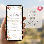 Digital wildflower wedding invitation displayed on a phone with romantic floral border and personalized wedding details.