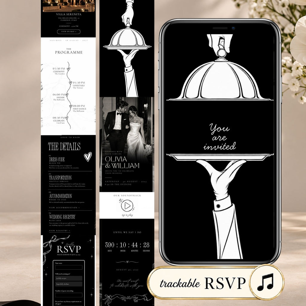 Black tie doodle wedding invitation website featuring an animated cloche opening, elegant black-and-white design, wedding details, and RSVP.