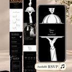 Black tie doodle wedding invitation website featuring an animated cloche opening, elegant black-and-white design, wedding details, and RSVP.