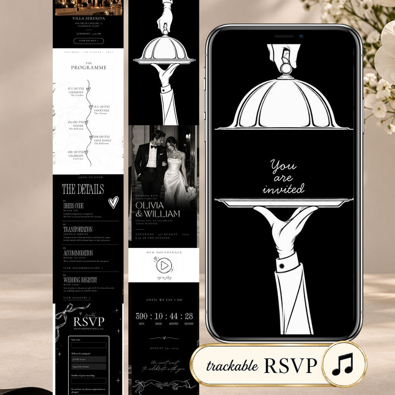 Black tie doodle wedding invitation website featuring an animated cloche opening, elegant black-and-white design, wedding details, and RSVP.