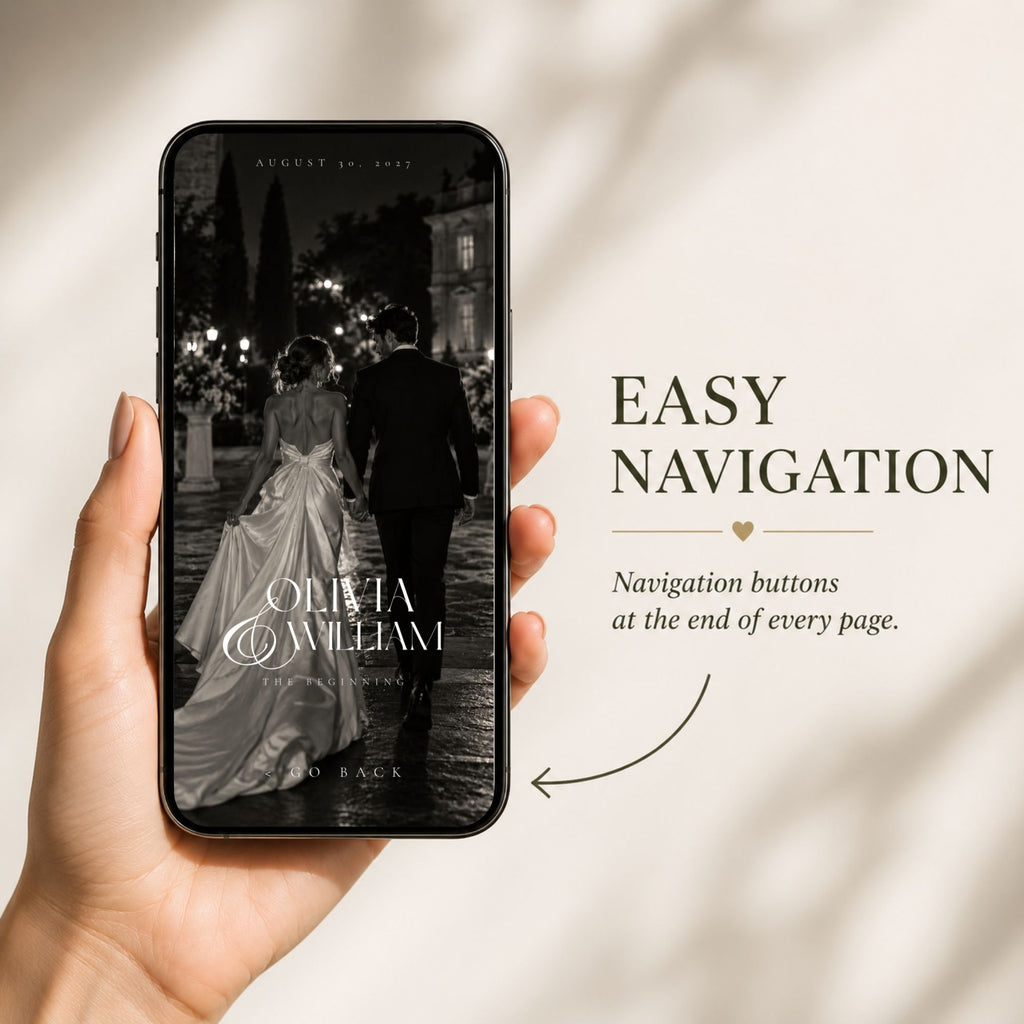 Mobile-friendly doodle wedding website featuring easy navigation buttons and a modern black-and-white wedding design.