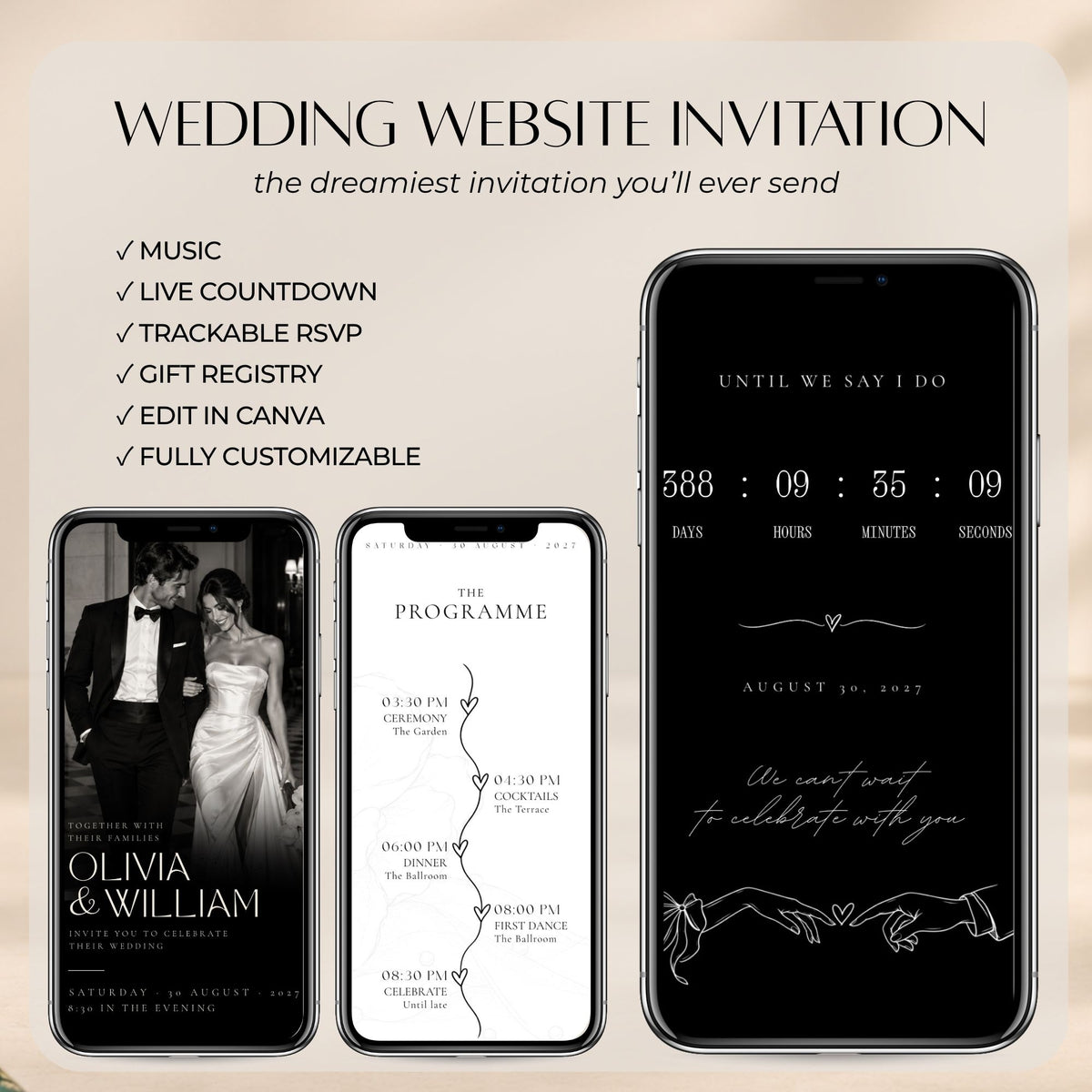 Interactive doodle wedding website template with music, live countdown, wedding programme, RSVP form, photo gallery, and gift registry.