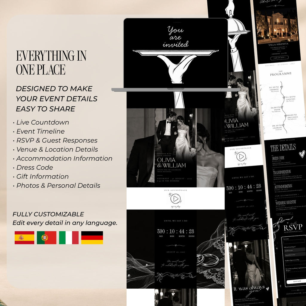 Overview of the black tie doodle wedding website pages including invitation, countdown, programme, venue, wedding details, and RSVP.
