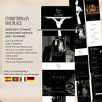 Overview of the black tie doodle wedding website pages including invitation, countdown, programme, venue, wedding details, and RSVP.
