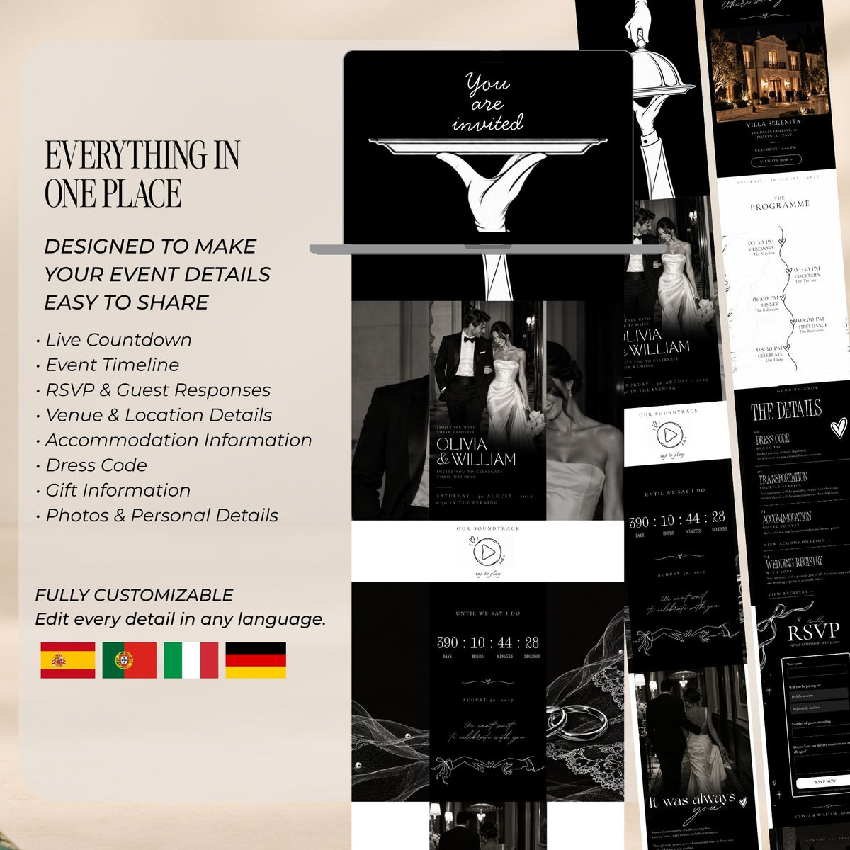 Overview of the black tie doodle wedding website pages including invitation, countdown, programme, venue, wedding details, and RSVP.