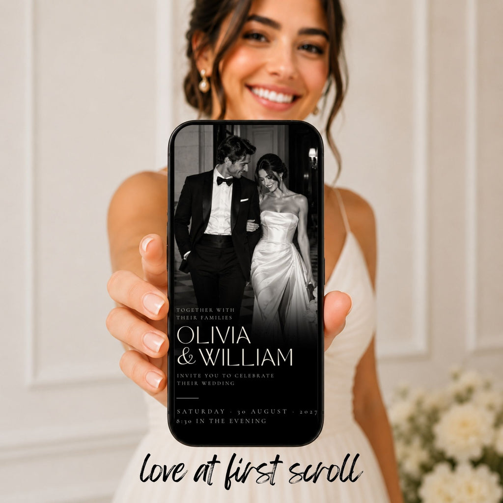 Bride holding a phone displaying an elegant black tie wedding website invitation with couple photography and modern editorial typography