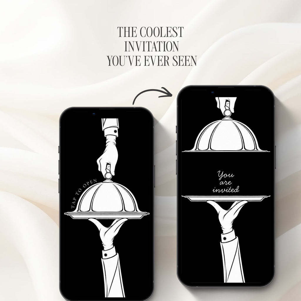 Interactive doodle wedding invitation featuring a hand-drawn cloche opening animation revealing the wedding announcement.