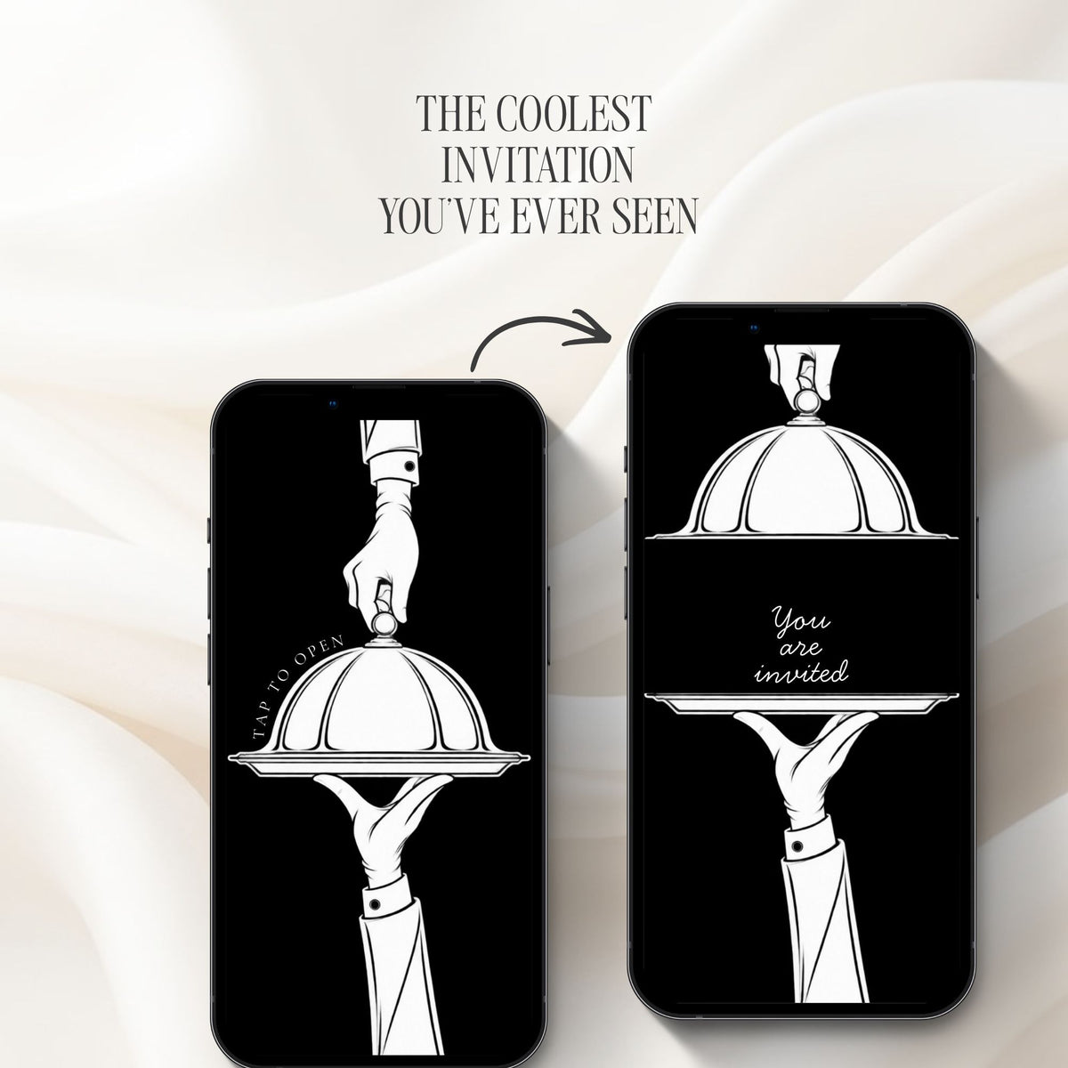 Interactive doodle wedding invitation featuring a hand-drawn cloche opening animation revealing the wedding announcement.