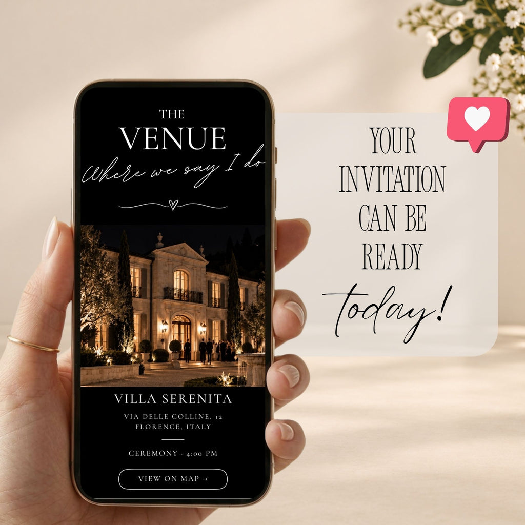 Doodle wedding invitation website venue section displaying wedding location details, venue photography, and interactive navigation.