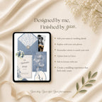 Dusty blue and white wedding website template with RSVP form and floral calla lily accents