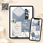 Mobile view of dusty blue wedding website template with elegant blue floral design
