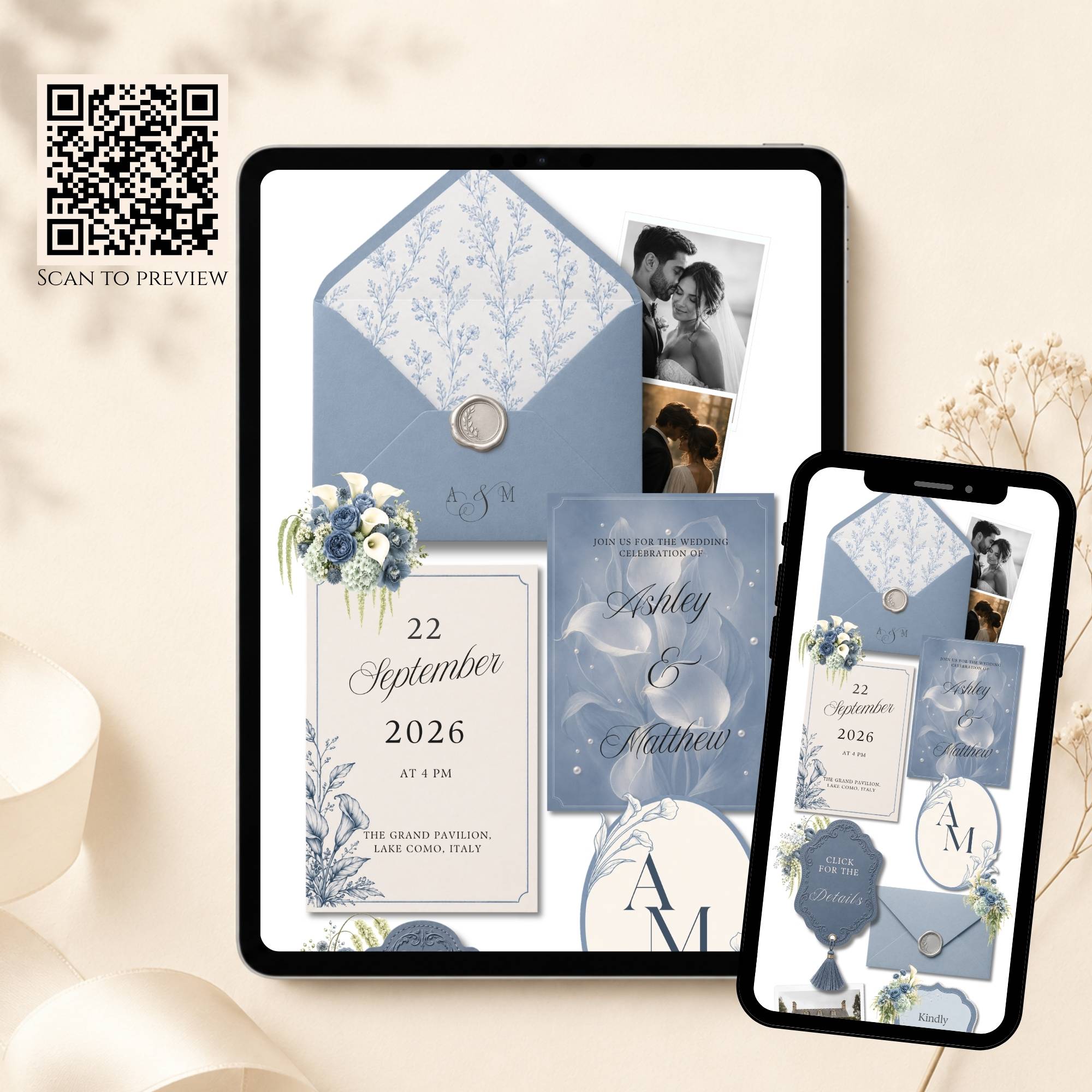 Mobile view of dusty blue wedding website template with elegant blue floral design