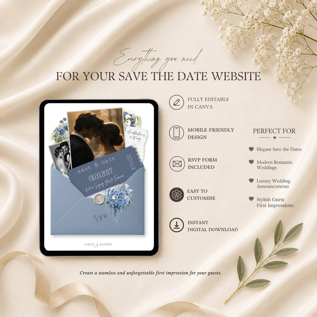Dusty Blue wedding website envelope opening page for digital save the date announcement