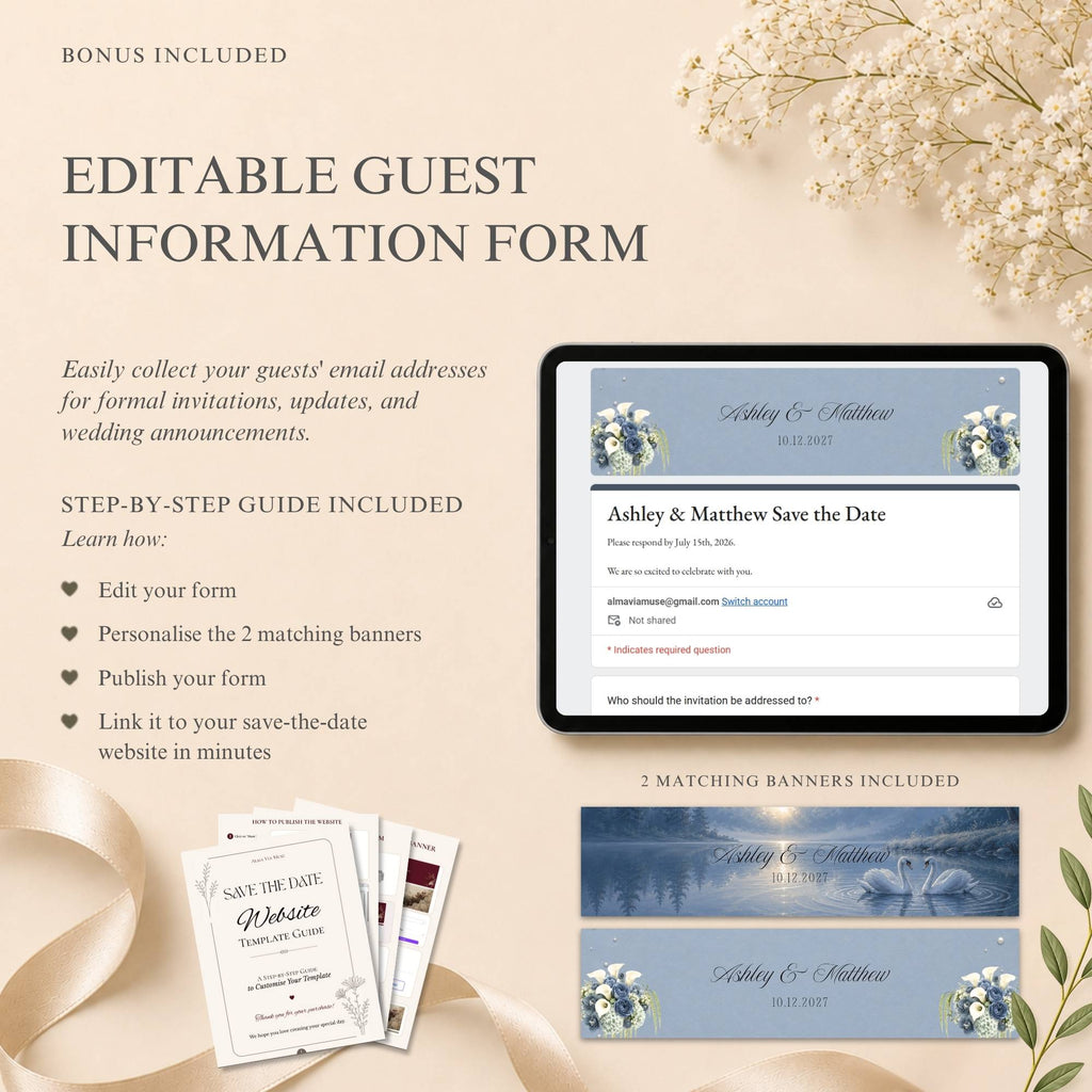 Dusty Blue wedding RSVP website page editable in Canva