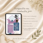 Wedding details page with ceremony reception and travel information in dusty blue and lavender theme