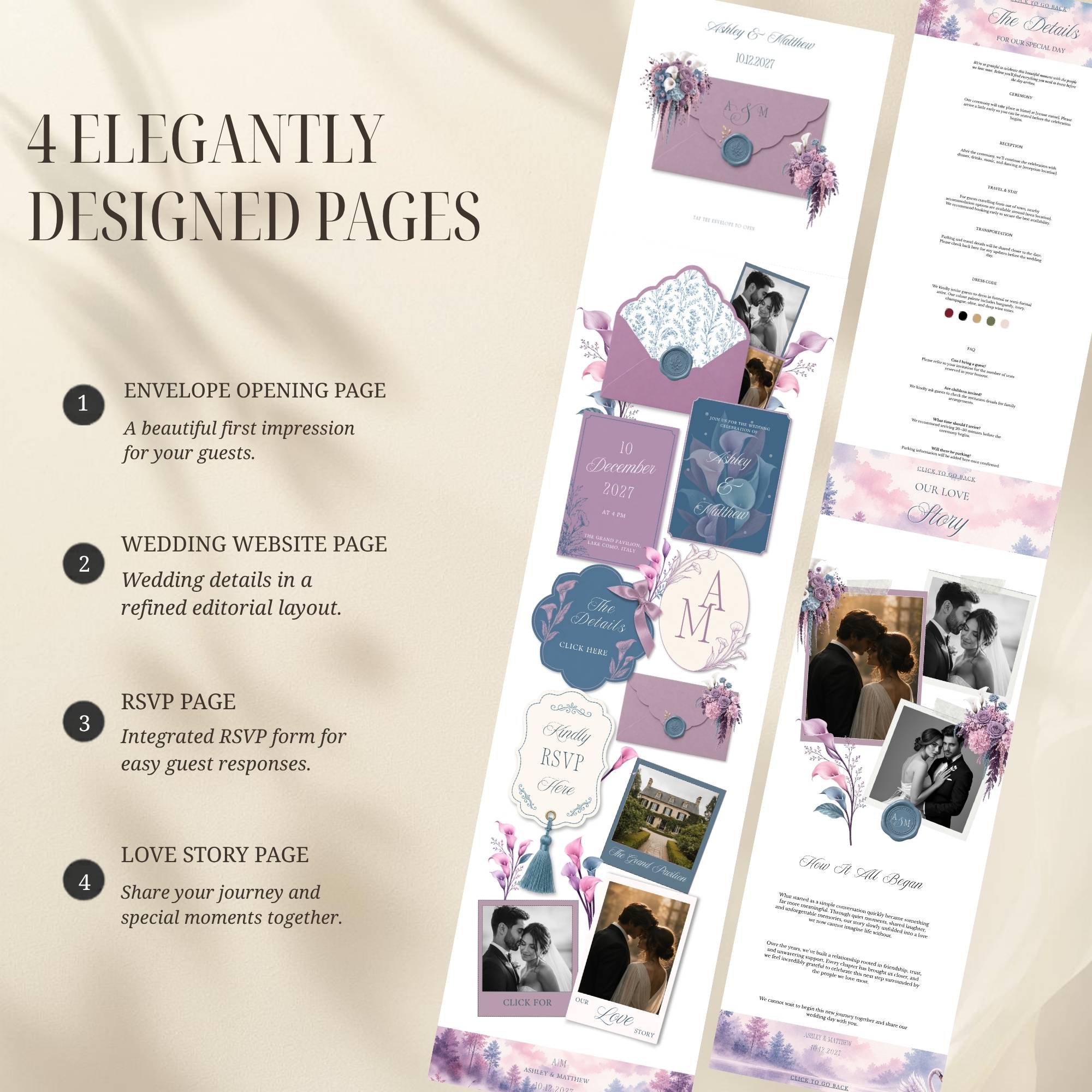 Interactive envelope opening page for dusty blue and lavender wedding website template