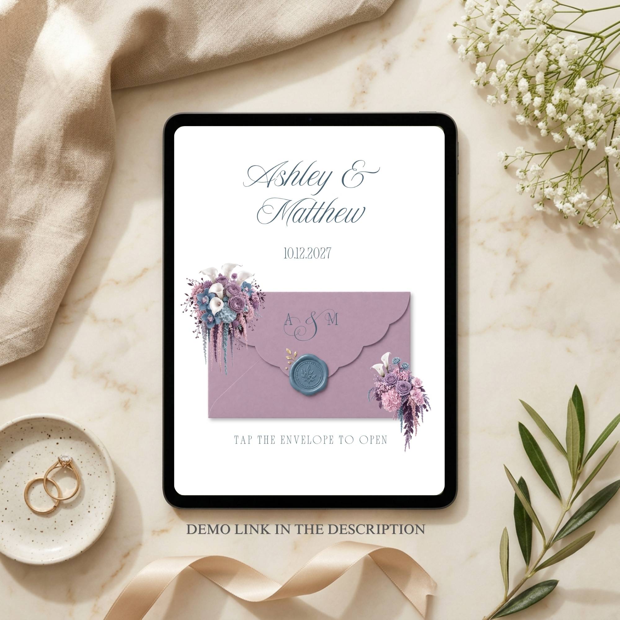 Google Forms RSVP template included with dusty blue and lavender wedding website template
