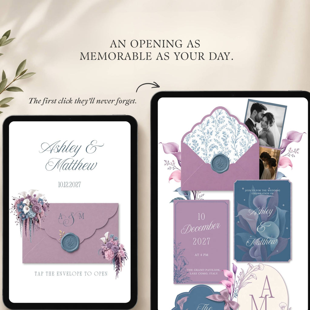 Dusty blue and lavender Canva wedding website homepage with calla lily floral details