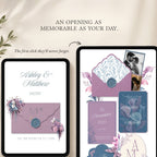 Dusty blue and lavender Canva wedding website homepage with calla lily floral details