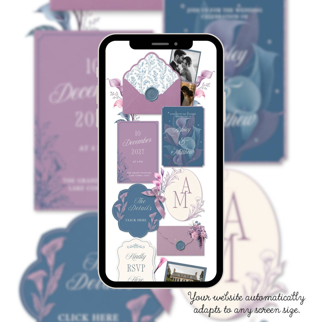 Love story page for dusty blue and lavender wedding website template editable in Canva