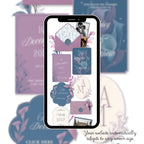 Love story page for dusty blue and lavender wedding website template editable in Canva