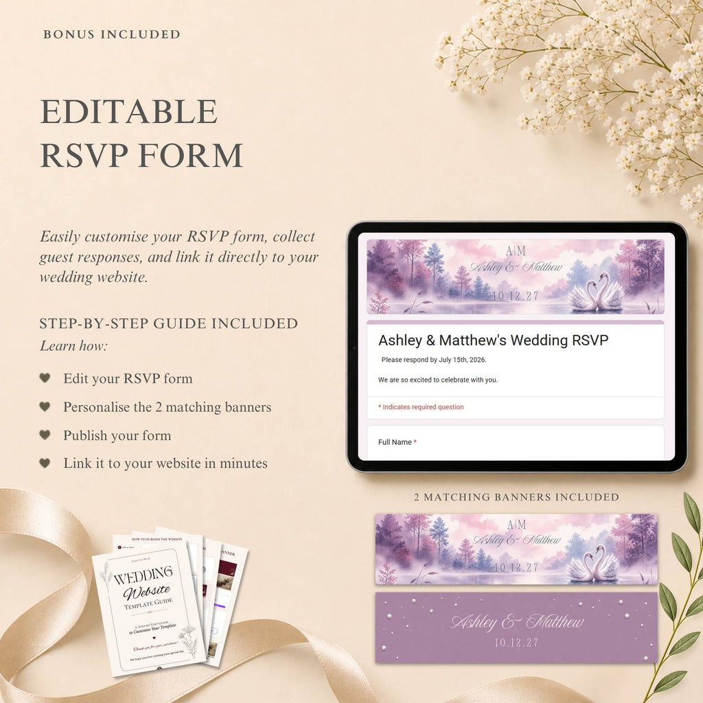Wedding RSVP page template included with dusty blue and lavender wedding website