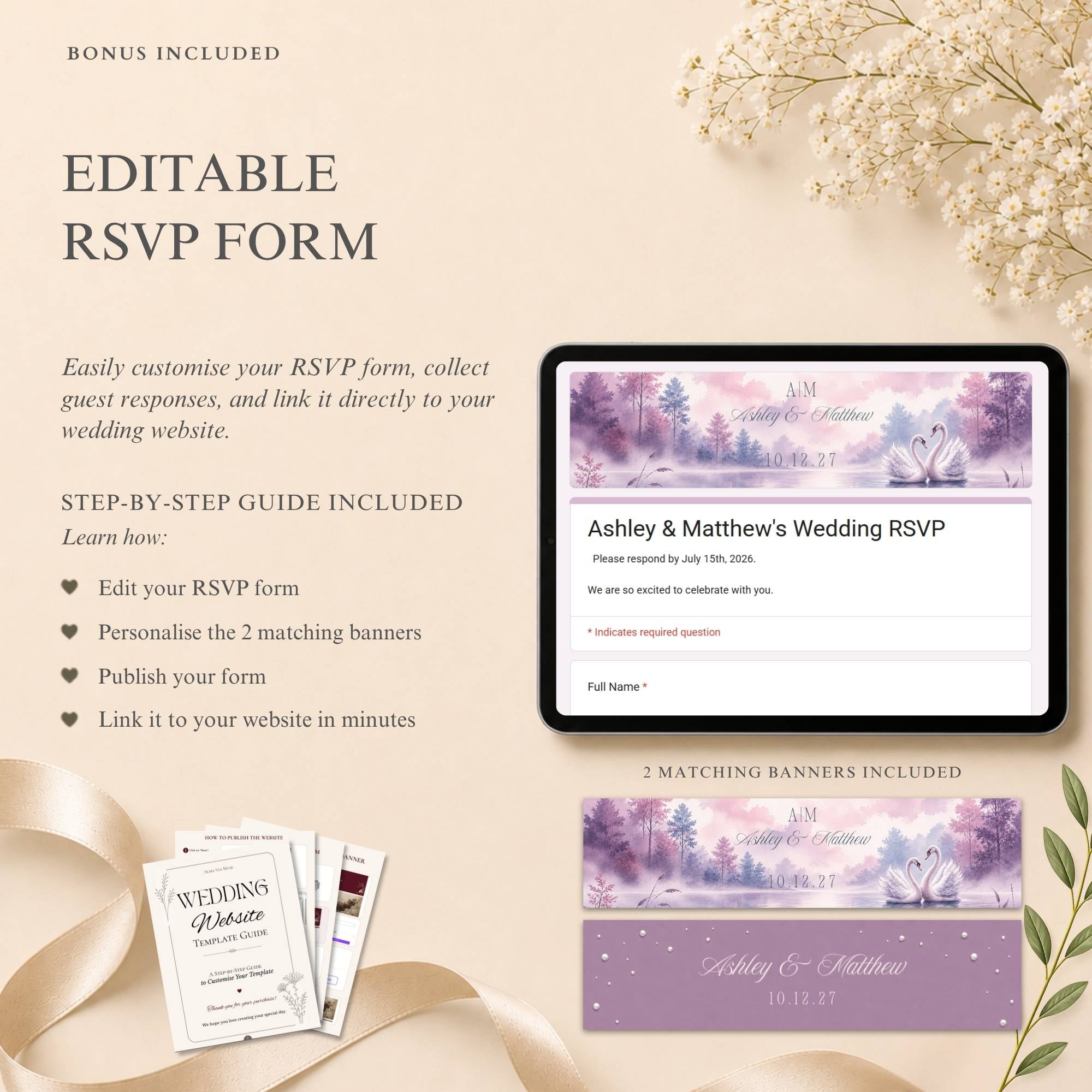 Wedding RSVP page template included with dusty blue and lavender wedding website
