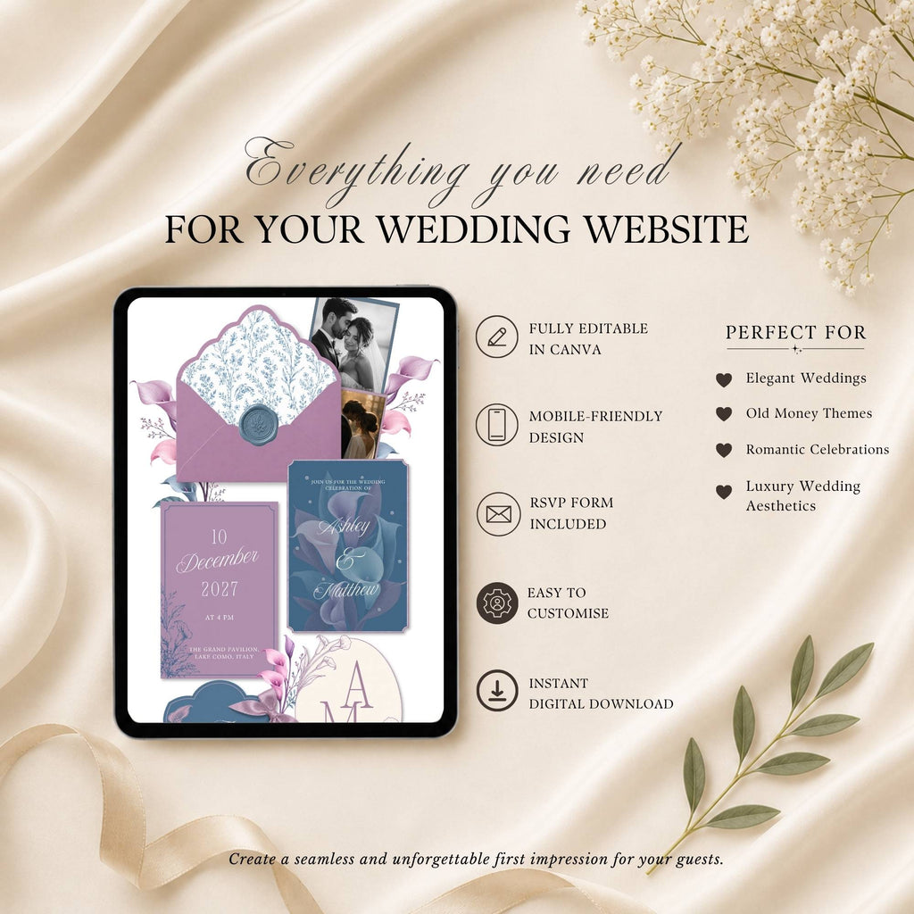 Four page dusty blue and lavender wedding website template featuring RSVP page love story page and wedding details page