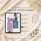 Four page dusty blue and lavender wedding website template featuring RSVP page love story page and wedding details page