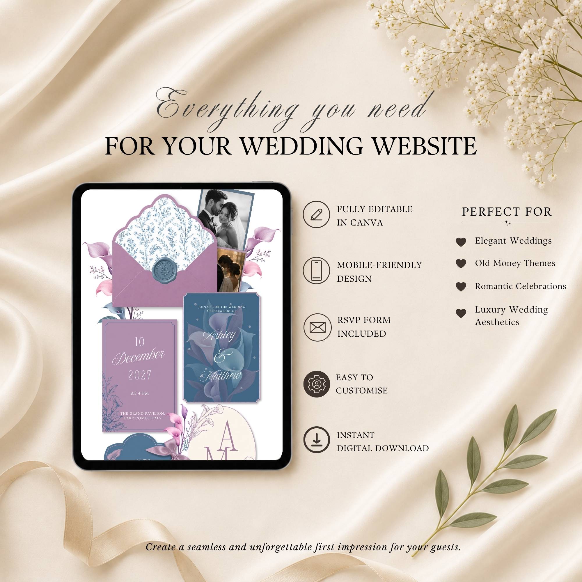 Four page dusty blue and lavender wedding website template featuring RSVP page love story page and wedding details page