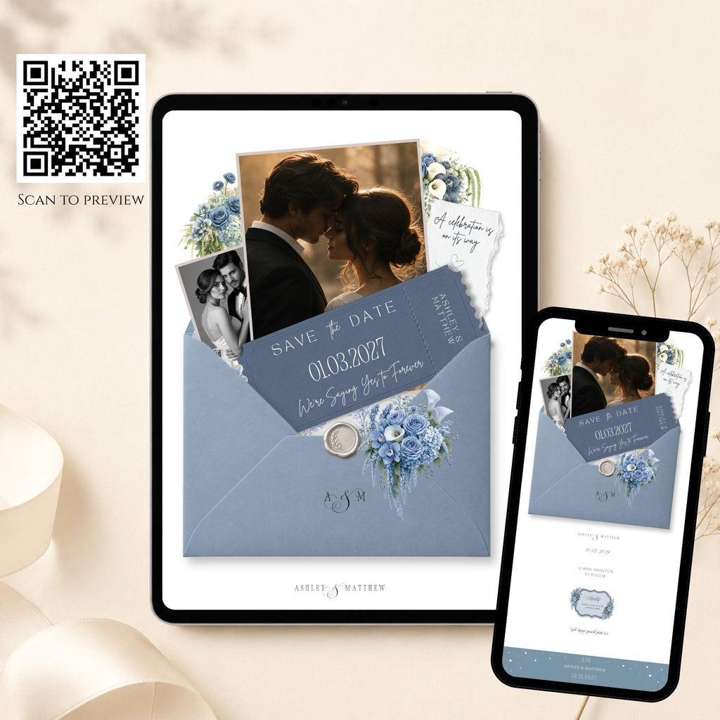 Mobile view of Dusty Blue Save The Date Wedding Website template