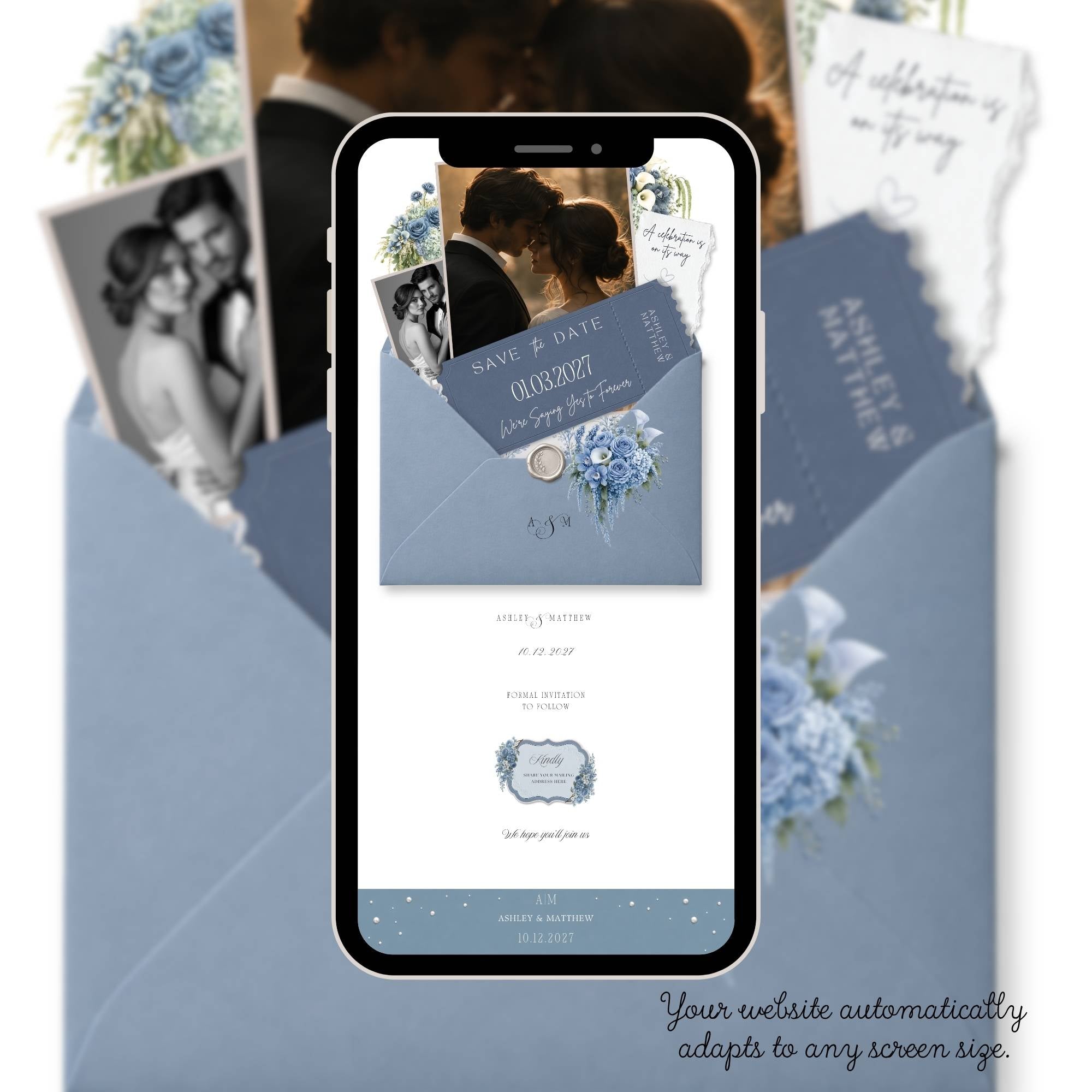Dusty Blue floral wedding website template with RSVP